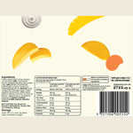 Back label of Happy Yum protein bars featuring product information, ingredients, nutrition facts, barcode, and stylized yellow and orange curved graphics on a light beige background.