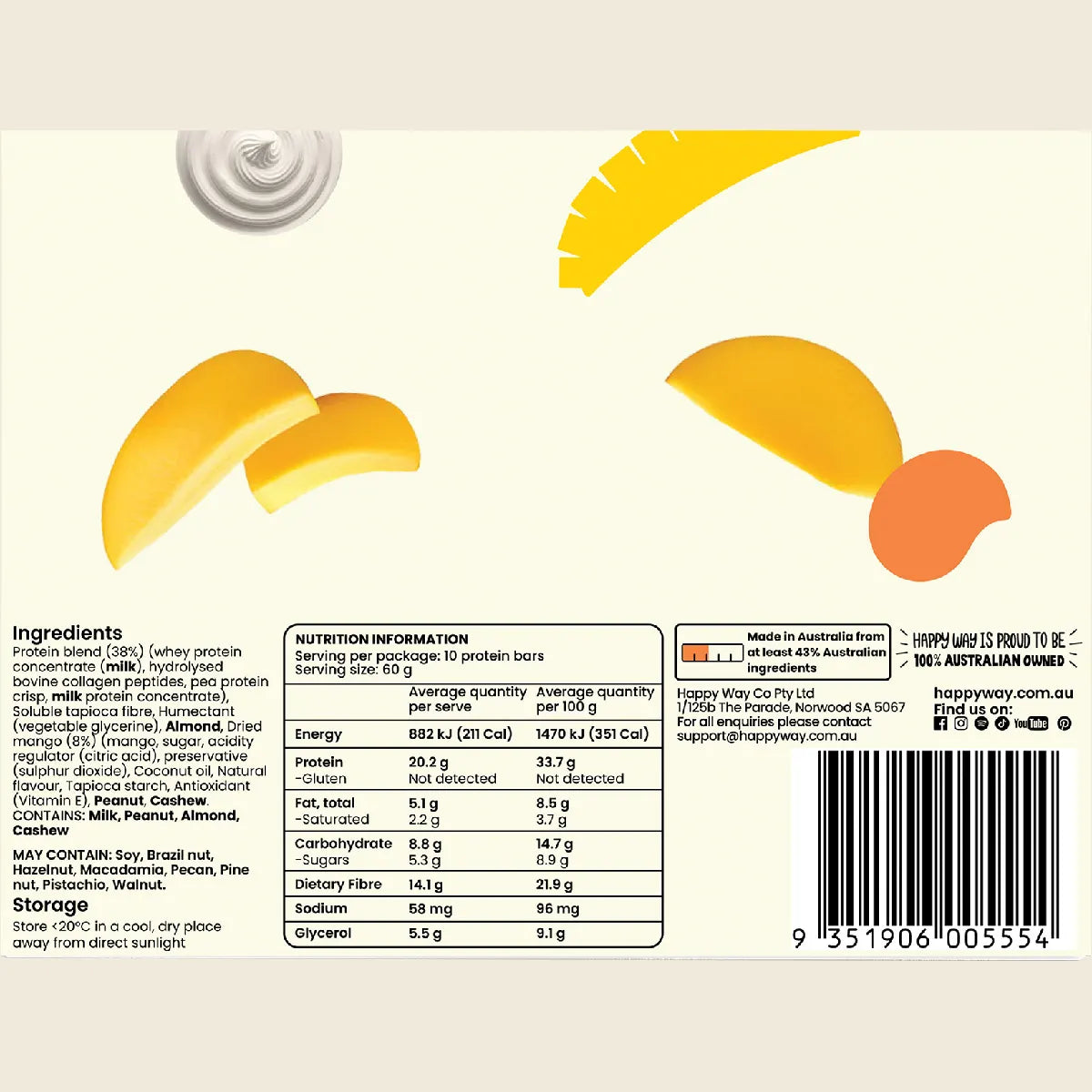 Back label of Happy Yum protein bars featuring product information, ingredients, nutrition facts, barcode, and stylized yellow and orange curved graphics on a light beige background.