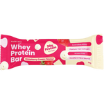 A Happy Way Whey Protein Bar in Strawberry Cream Flavour, wrapped in a bright pink and cream paper sleeve with text highlighting 20g protein per bar and ingredients like Australian Whey and Collagen.
