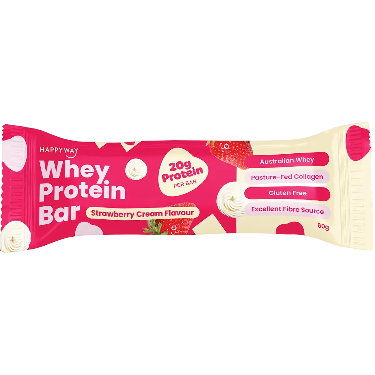 A Happy Way Whey Protein Bar in Strawberry Cream Flavour, wrapped in a bright pink and cream paper sleeve with text highlighting 20g protein per bar and ingredients like Australian Whey and Collagen.