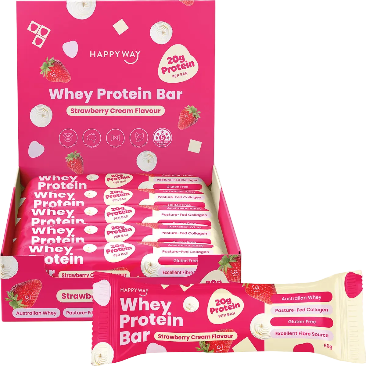 A display box and individual wrapped Whey Protein Bars in Strawberry Cream Flavour by Happy Way. The packaging is predominantly bright pink with white text and illustrations of strawberries, and the individual bar wrapper is shown in front.