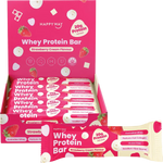A display box and individual wrapped Whey Protein Bars in Strawberry Cream Flavour by Happy Way. The packaging is predominantly bright pink with white text and illustrations of strawberries, and the individual bar wrapper is shown in front.