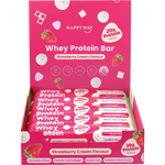 A pink display box filled with Happy Way Whey Protein Bars in Strawberry Cream Flavour. The packaging features illustrations of strawberries, whipped cream, and protein icons, with text highlighting 20g protein per bar.