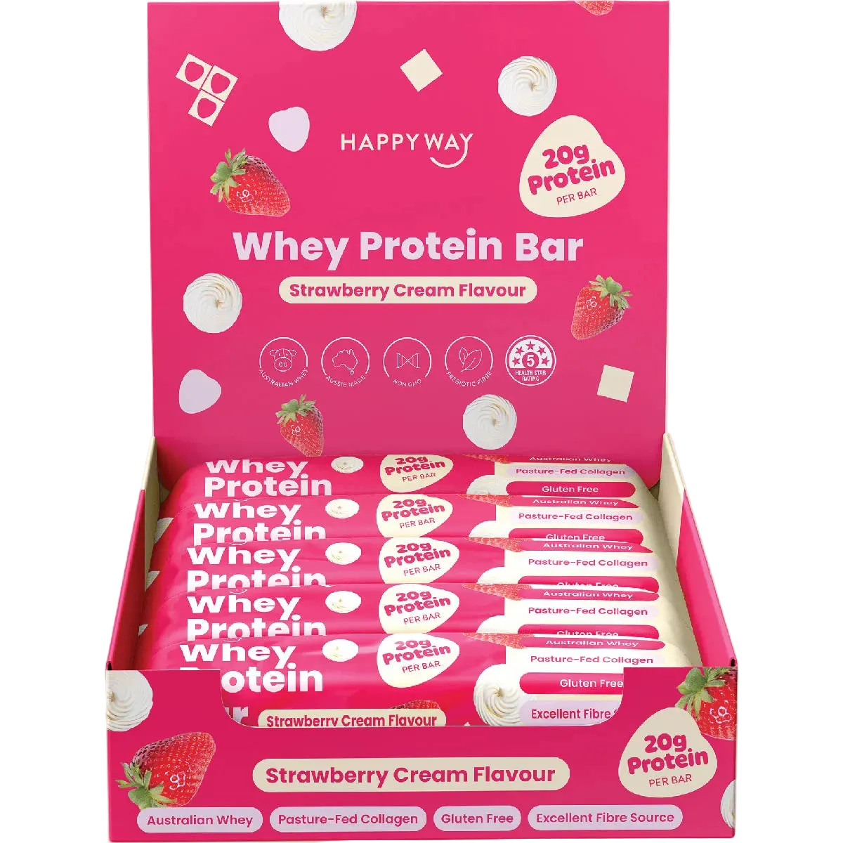 A pink display box filled with Happy Way Whey Protein Bars in Strawberry Cream Flavour. The packaging features illustrations of strawberries, whipped cream, and protein icons, with text highlighting 20g protein per bar.