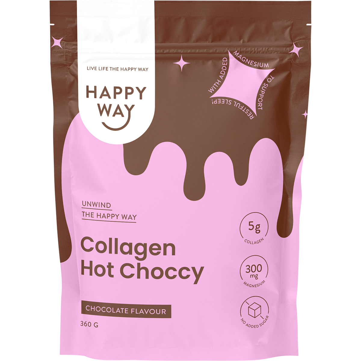 A stand-up pouch of Happy Way Collagen Hot Choccy chocolate-flavored supplement. The packaging features a pink lower half with dark brown chocolate-drip graphics and a white upper section with the Happy Way logo.