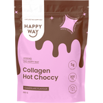 A stand-up pouch of Happy Way Collagen Hot Choccy chocolate-flavored supplement. The packaging features a pink lower half with dark brown chocolate-drip graphics and a white upper section with the Happy Way logo.