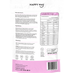 The back of a Happy Way chocolate box package, showing product information, ingredients, directions, nutrition facts, and a barcode on a white background with a pink footer.