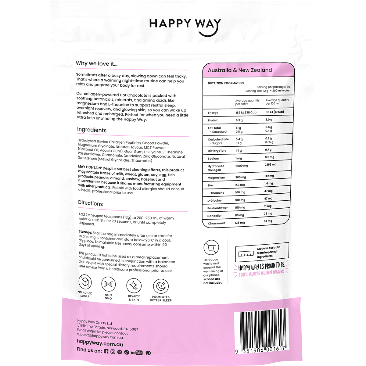 The back of a Happy Way chocolate box package, showing product information, ingredients, directions, nutrition facts, and a barcode on a white background with a pink footer.