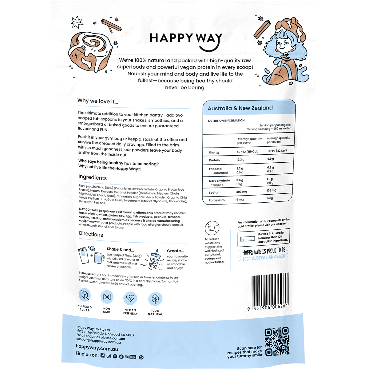 Back of a Happy Way Cinnamon Bun Vegan Protein Powder pouch showing ingredients, nutrition facts, and barcode.