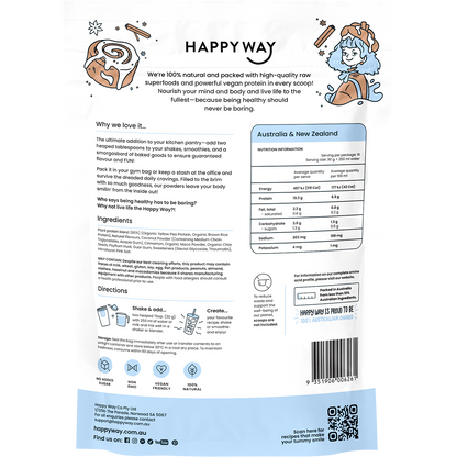 Back of a Happy Way Cinnamon Bun Vegan Protein Powder pouch showing ingredients, nutrition facts, and barcode.