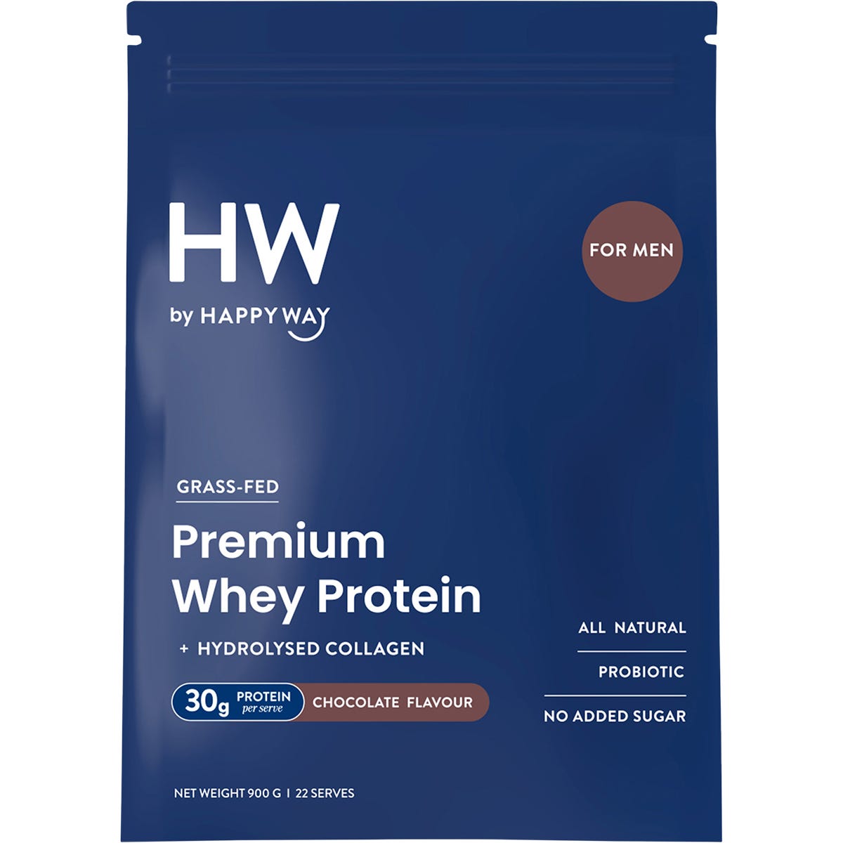 900g tub of Happy Way Men's Premium Whey Protein Powder in chocolate flavor with a dark label and gold text.