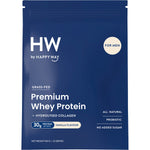 900g tub of Happy Way Men's Premium Vanilla Whey Protein Powder with a black and gold label on a white background.