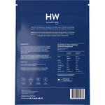 Back of Happy Way Men's Vanilla Whey Protein tub showing nutritional information and ingredients on a black label.