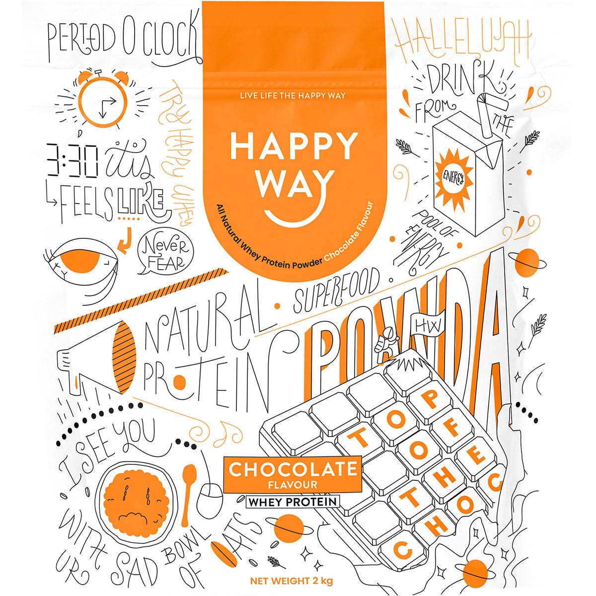 2kg bag of Happy Way Chocolate Whey Protein Powder with a pink and white label on a white background.