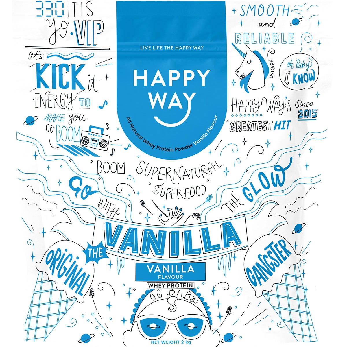 2kg bag of Happy Way Vanilla Whey Protein Powder with a white and gold label on a clean white background.