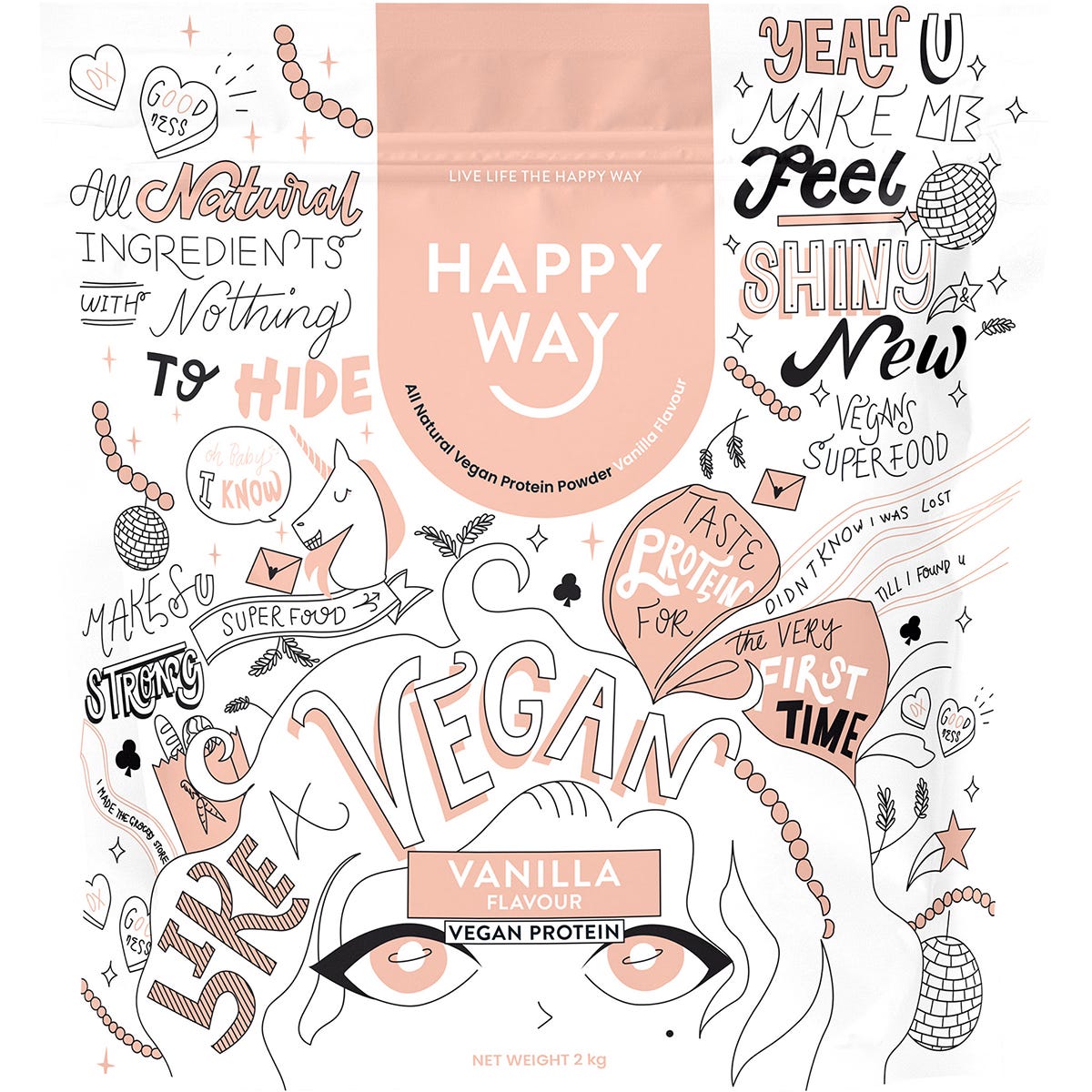 2kg bag of Happy Way Vanilla Vegan Protein Powder, featuring a creamy plant-based blend and organic superfood ingredients.