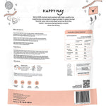 Back of Happy Way Vegan Vanilla Protein Powder 2kg bag showing nutrition facts, ingredients, and directions.