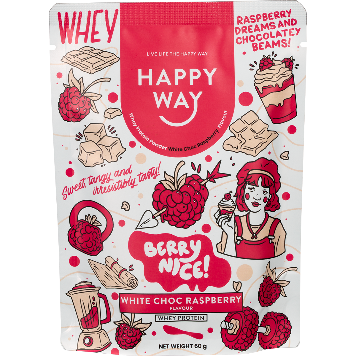 A 60g sachet of Happy Way White Chocolate Raspberry Whey Protein Powder with a pink and white splash design.