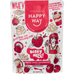 A 60g sachet of Happy Way White Chocolate Raspberry Whey Protein Powder with a pink and white splash design.