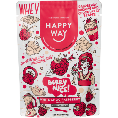 A 60g sachet of Happy Way White Chocolate Raspberry Whey Protein Powder with a pink and white splash design.