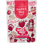 A 60g sachet of Happy Way White Chocolate Raspberry Whey Protein Powder with a pink and white splash design.