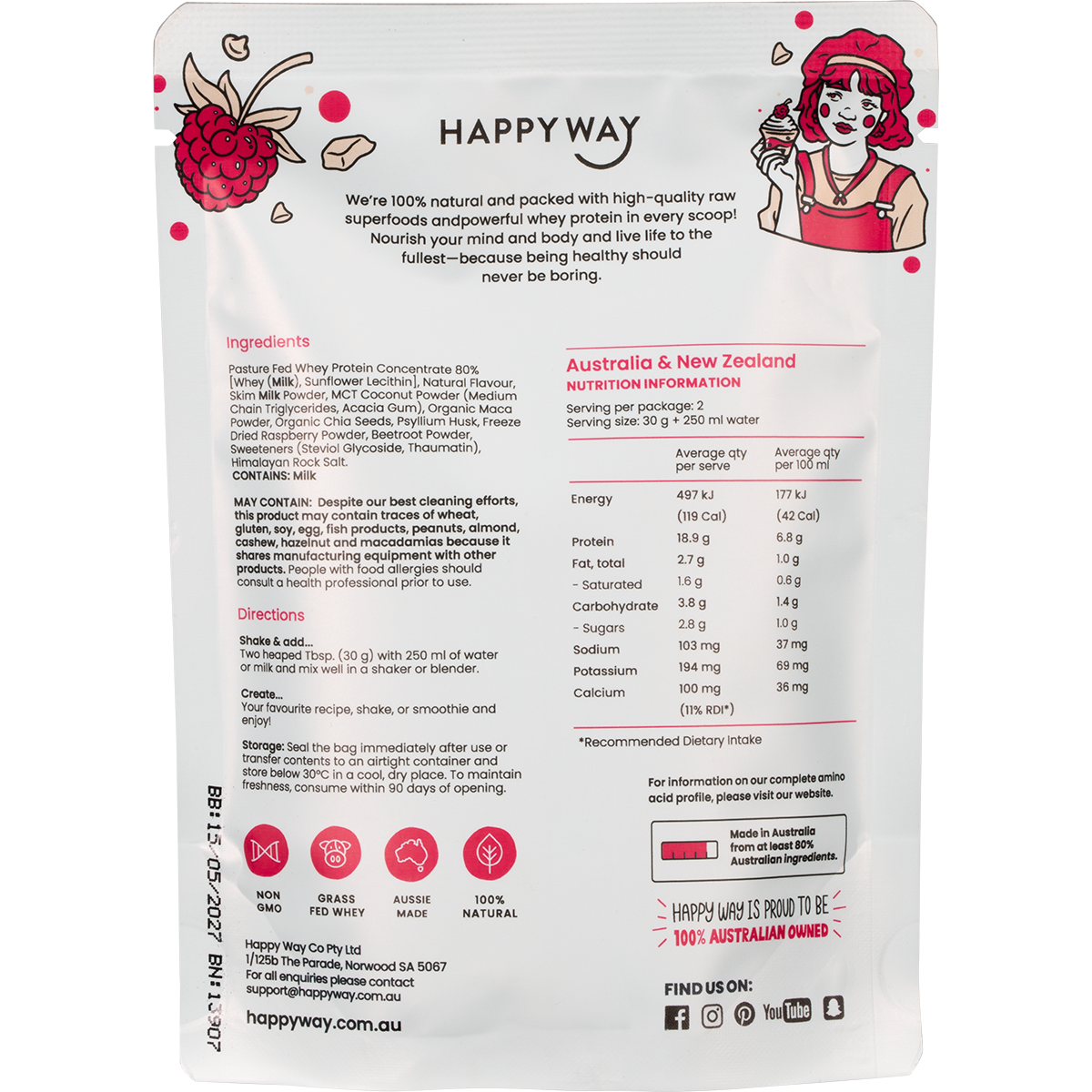 Back of a Happy Way White Chocolate Raspberry Whey Protein sachet showing ingredients and nutritional information.