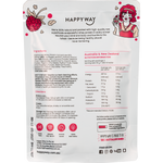 Back of a Happy Way White Chocolate Raspberry Whey Protein sachet showing ingredients and nutritional information.