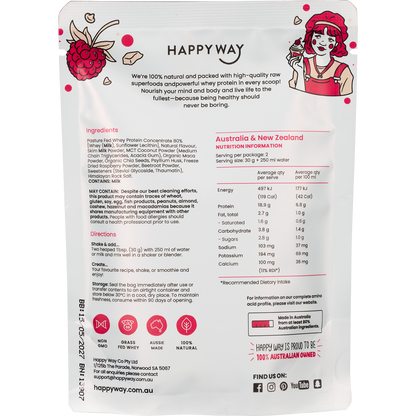Back of a Happy Way White Chocolate Raspberry Whey Protein sachet showing ingredients and nutritional information.