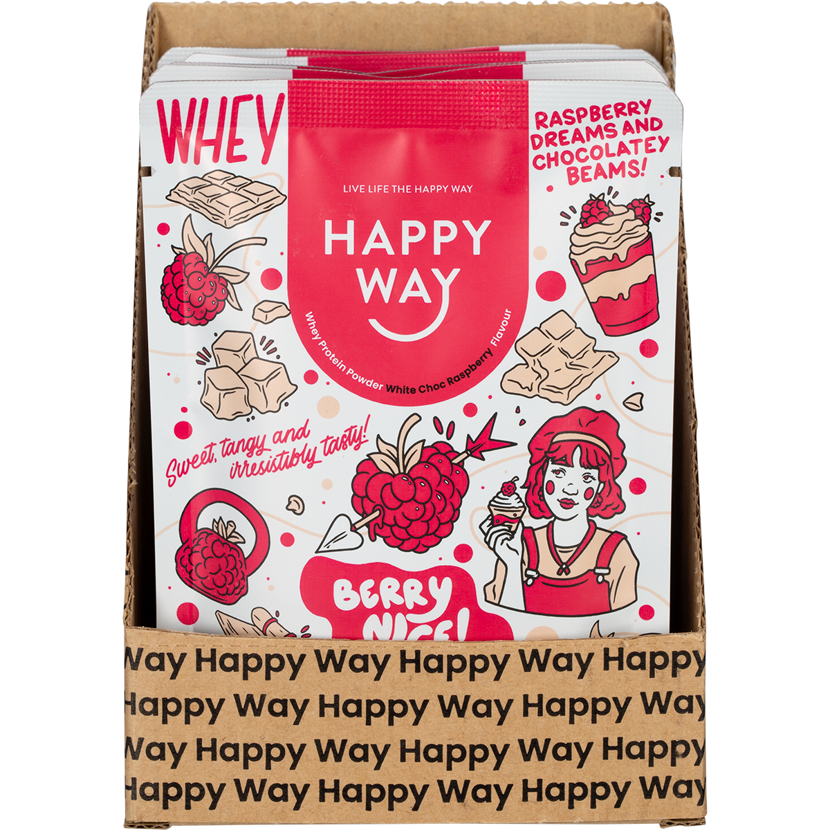 Pink and white box of Happy Way White Chocolate Raspberry Whey Protein Powder with a splash design and 6x60g sachets.
