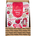 Pink and white box of Happy Way White Chocolate Raspberry Whey Protein Powder with a splash design and 6x60g sachets.