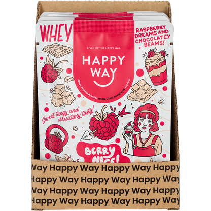 Pink and white box of Happy Way White Chocolate Raspberry Whey Protein Powder with a splash design and 6x60g sachets.