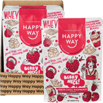 Happy Way White Chocolate Raspberry Whey Protein box, sachet, and a glass of pink protein shake with fresh raspberries.
