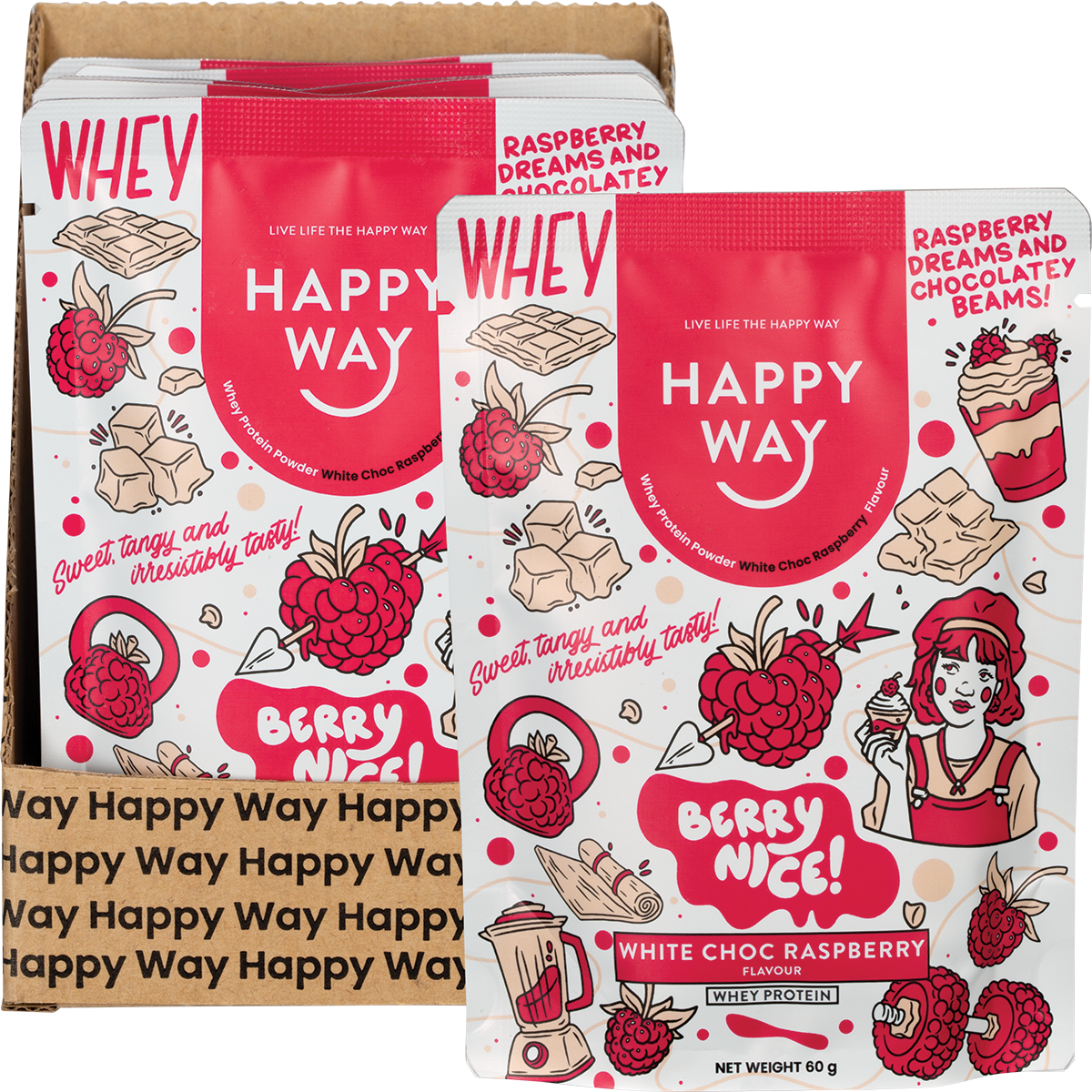 Happy Way White Chocolate Raspberry Whey Protein box, sachet, and a glass of pink protein shake with fresh raspberries.