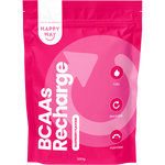 Pink supplement package labeled BCAA Recharge with Happy Way branding and a smiling emoji with tongue.
