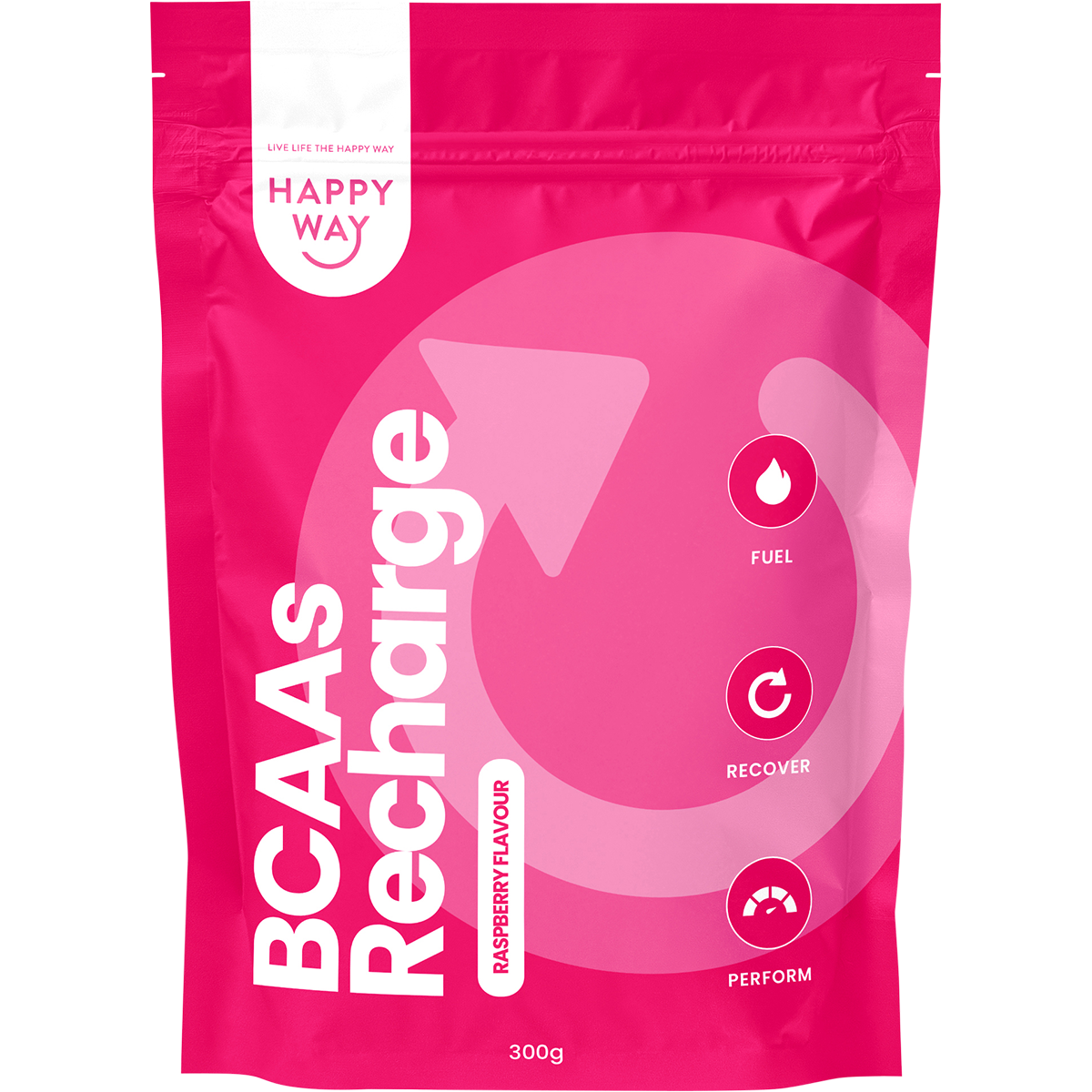 Pink supplement package labeled BCAA Recharge with Happy Way branding and a smiling emoji with tongue.