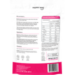 Back of pink Happy Way BCAA Recharge Raspberry pack showing ingredients, nutritional facts, and directions.