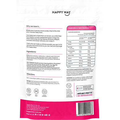 Back of pink Happy Way BCAA Recharge Raspberry pack showing ingredients, nutritional facts, and directions.
