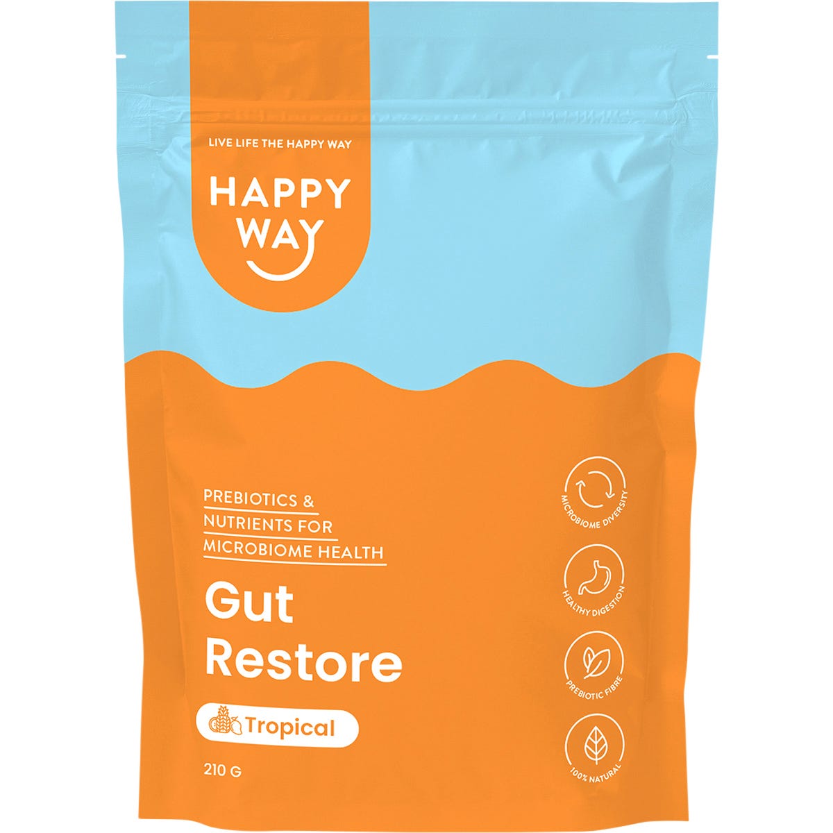Happy Way Gut Restore Tropical Powder 210g tub with yellow and white label on a white background.
