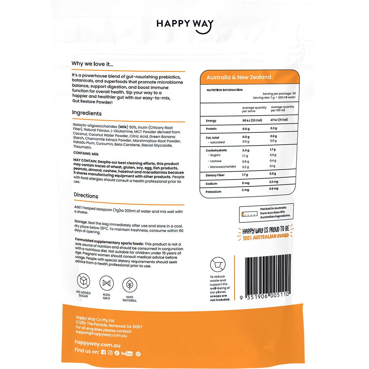 Back of Happy Way Tropical Gut Restore Powder 210g tub showing nutritional info and directions on a white background.
