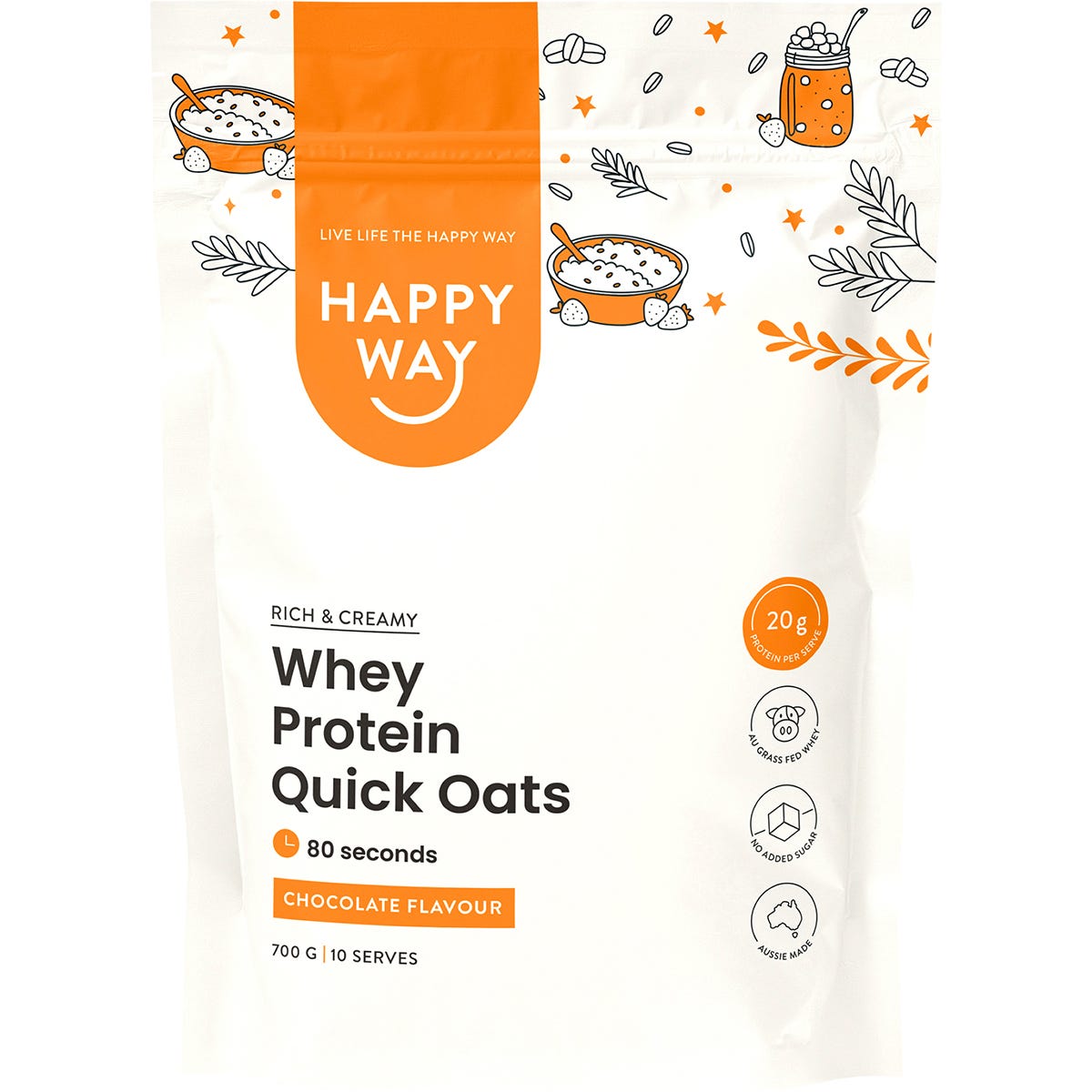 700g tub of Happy Way Chocolate Whey Protein Quick Oats featuring a brown and white label on a white background.