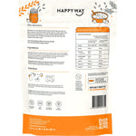 Back of Happy Way Chocolate Whey Protein Quick Oats 700g tub with nutritional information and ingredients.