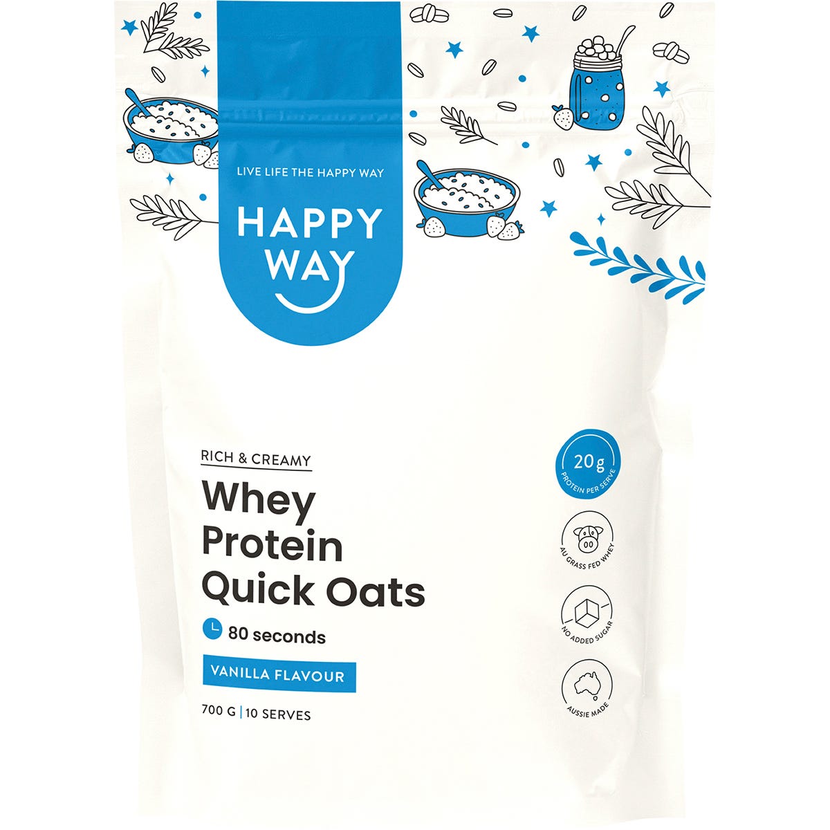 Happy Way Whey Protein Quick Oats Vanilla 700g tub with a yellow and white label on a white background.