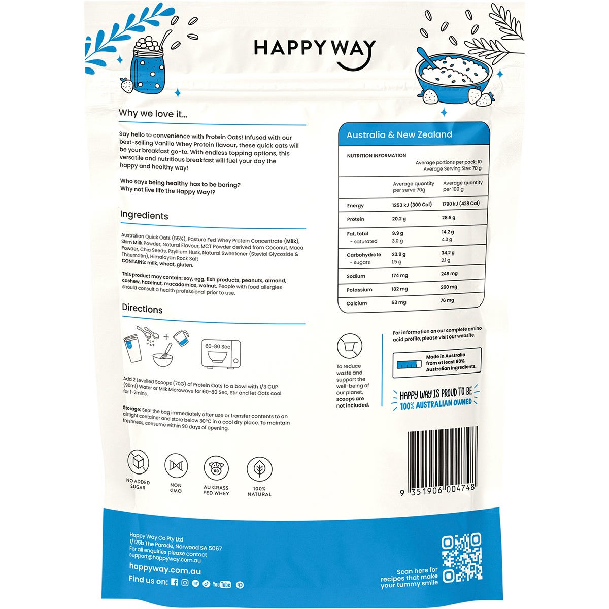 Back of Happy Way Vanilla Whey Protein Quick Oats 700g tub showing nutritional information and directions.