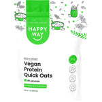Happy Way Vegan Protein Quick Oats Chocolate 700g tub with plant protein, cocoa, and superfoods on a white background.