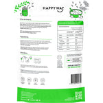 Back of Happy Way Vegan Protein Quick Oats Chocolate 700g tub showing ingredients, nutritional facts, and directions.