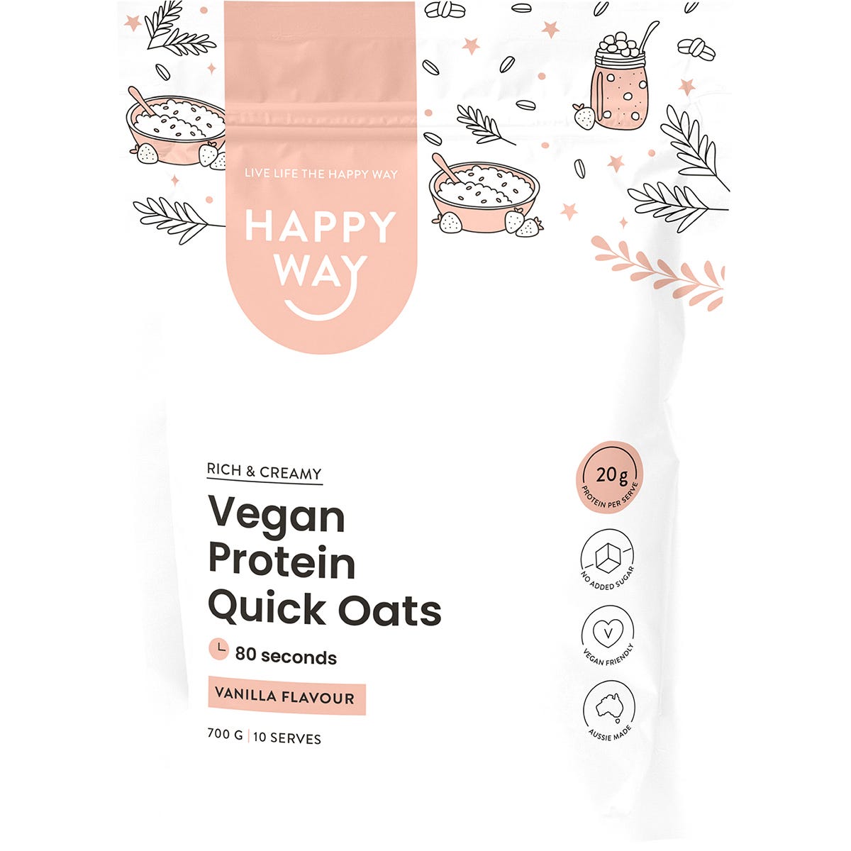 700g bag of Happy Way Vanilla Vegan Protein Quick Oats featuring a clean, white and yellow label design.
