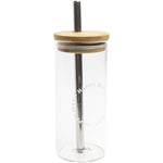 Clear 580ml glass tumbler with a light grey silicone sleeve, bamboo lid, and stainless steel straw on a white background.