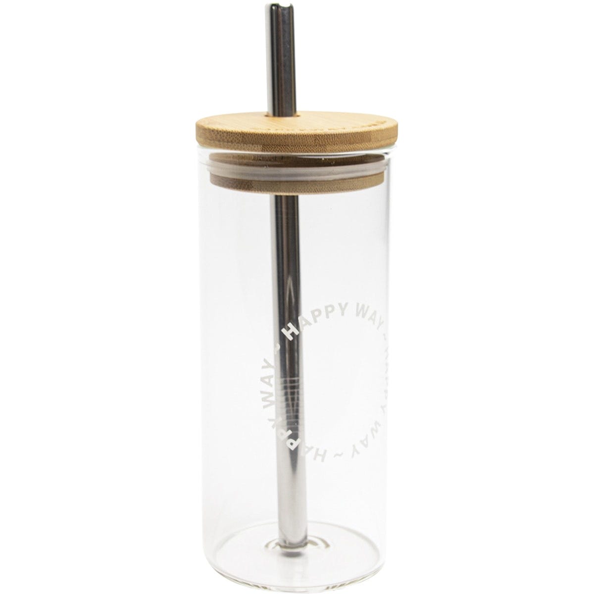 Clear 580ml glass tumbler with a light grey silicone sleeve, bamboo lid, and stainless steel straw on a white background.