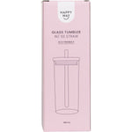 Front of a Happy Way Glass Tumbler retail box with minimalist design and text on a white background.