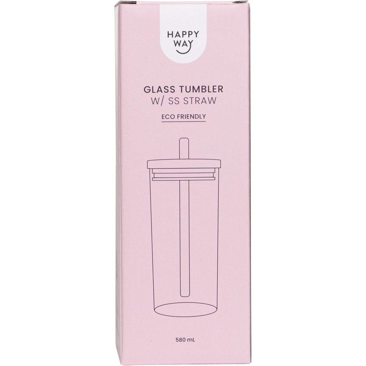 Front of a Happy Way Glass Tumbler retail box with minimalist design and text on a white background.
